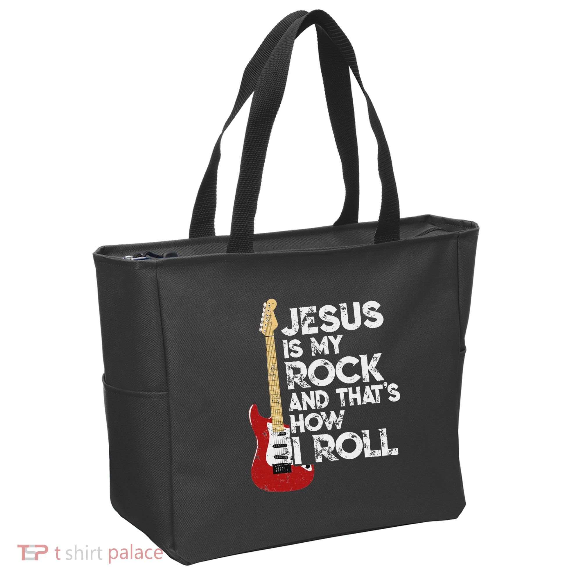 Jesus Is My Rock And That Is How I Roll Guitar Christian Tote Bag