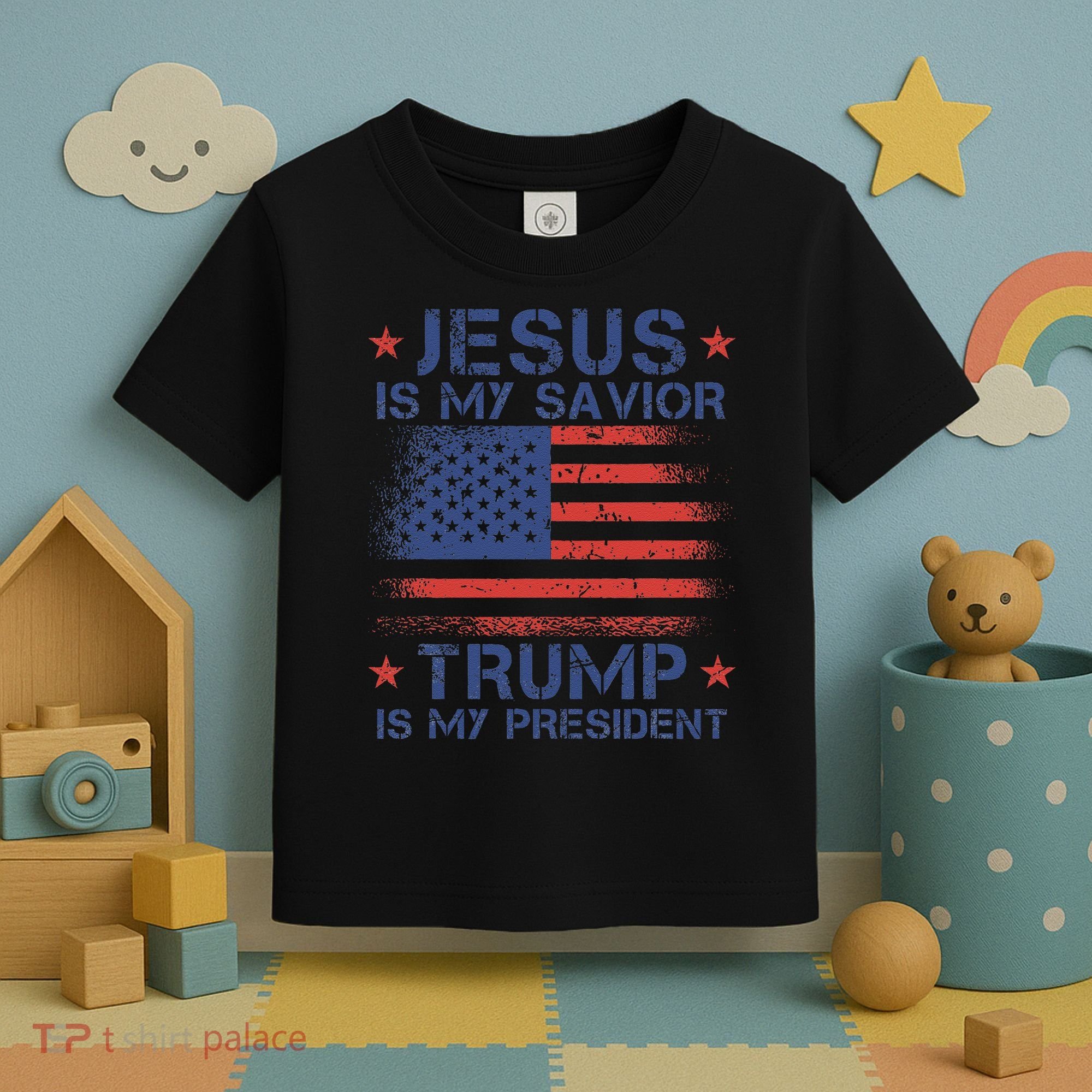 Jesus Is My Savior Trump Is My President Retro Us Flag Toddler T-Shirt