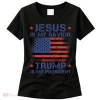 Jesus Is My Savior Trump Is My President Retro Us Flag Women's T-Shirt thumb 0