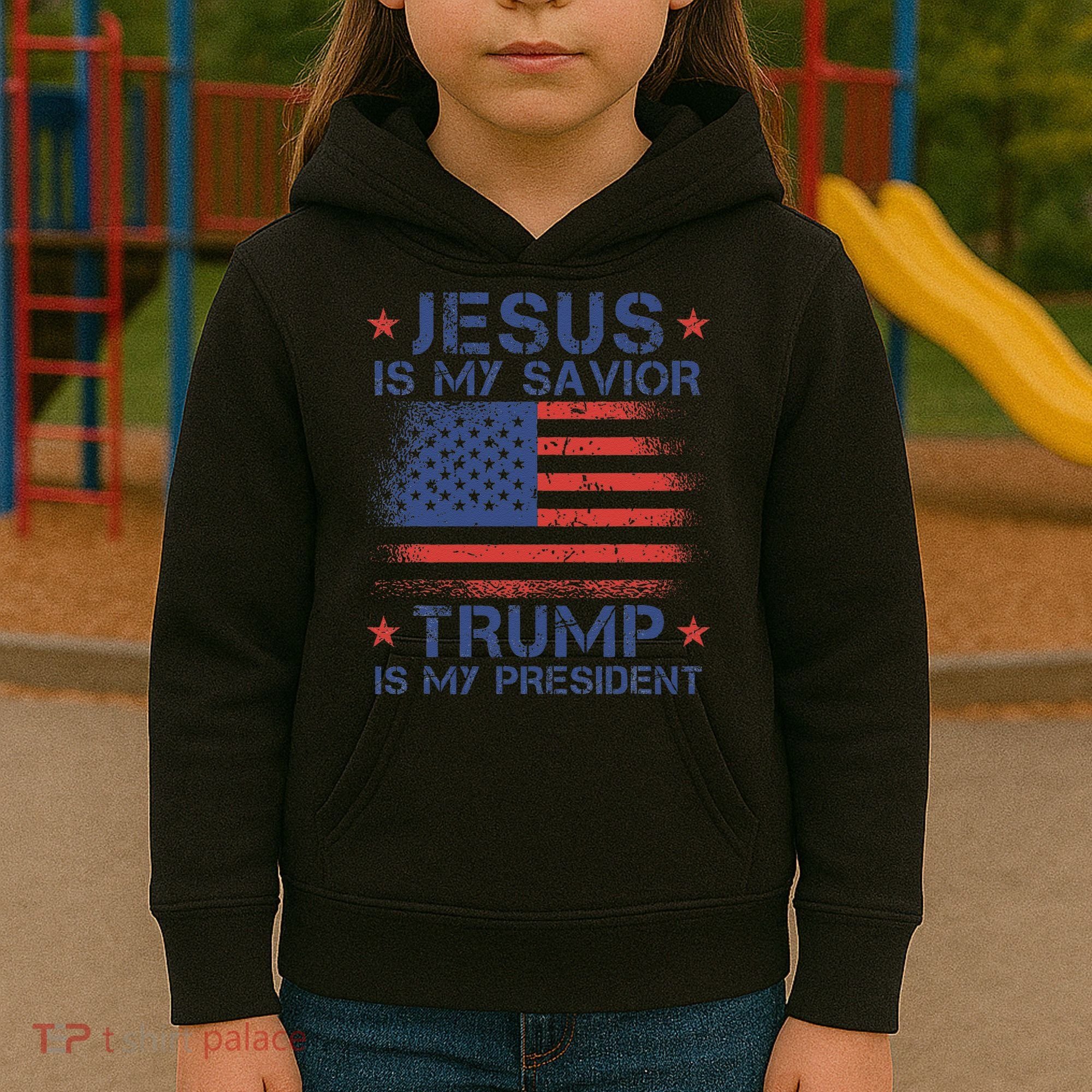 Jesus Is My Savior Trump Is My President Retro Us Flag Kids Hoodie