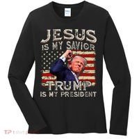 Jesus Is My Savior Trump Is My President American Flag Women's Long Sleeve Shirt thumb 0