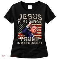 Jesus Is My Savior Trump Is My President American Flag Women's T-Shirt thumb 0