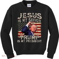Jesus Is My Savior Trump Is My President American Flag Kids Sweatshirt thumb 0