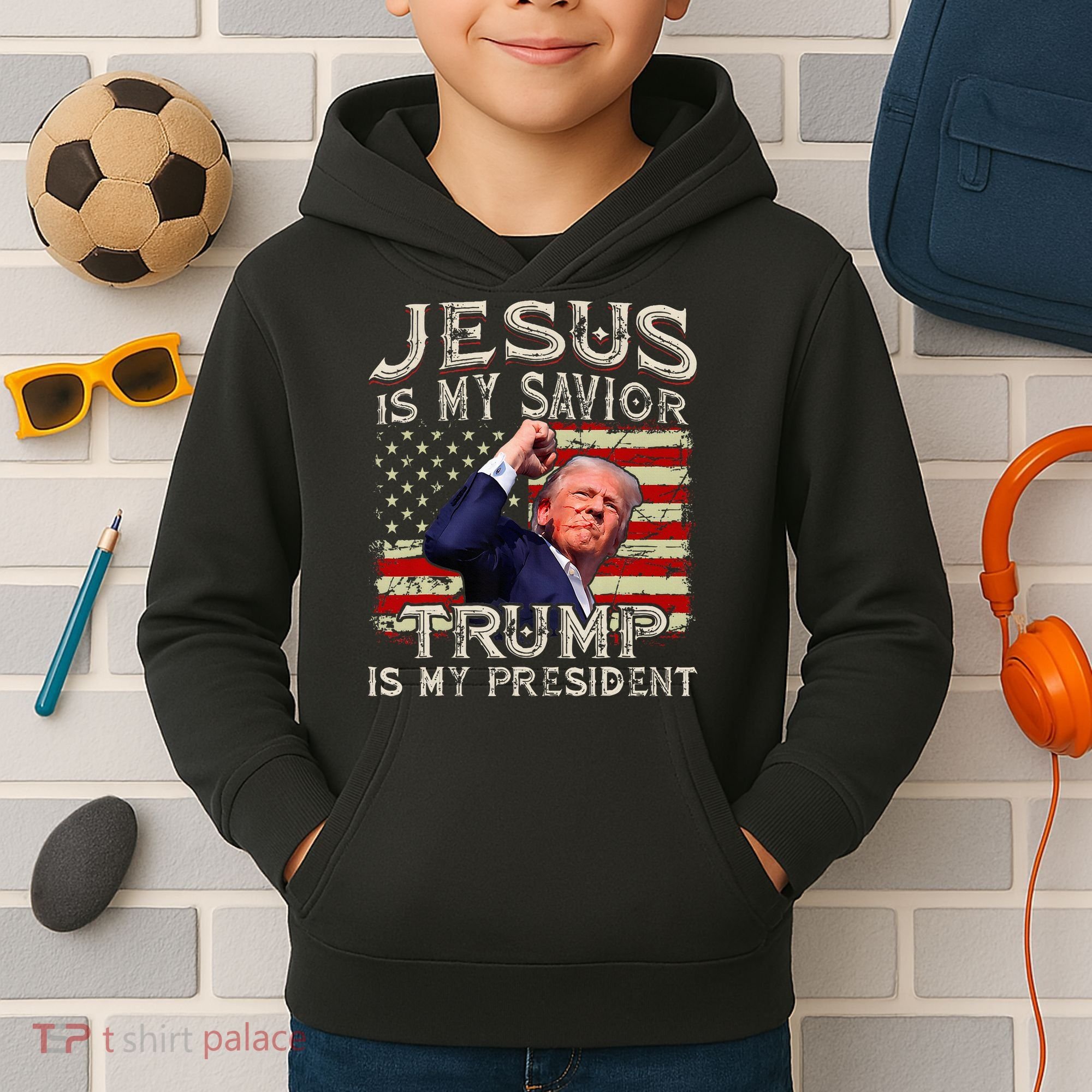Jesus Is My Savior Trump Is My President American Flag Kids Hoodie