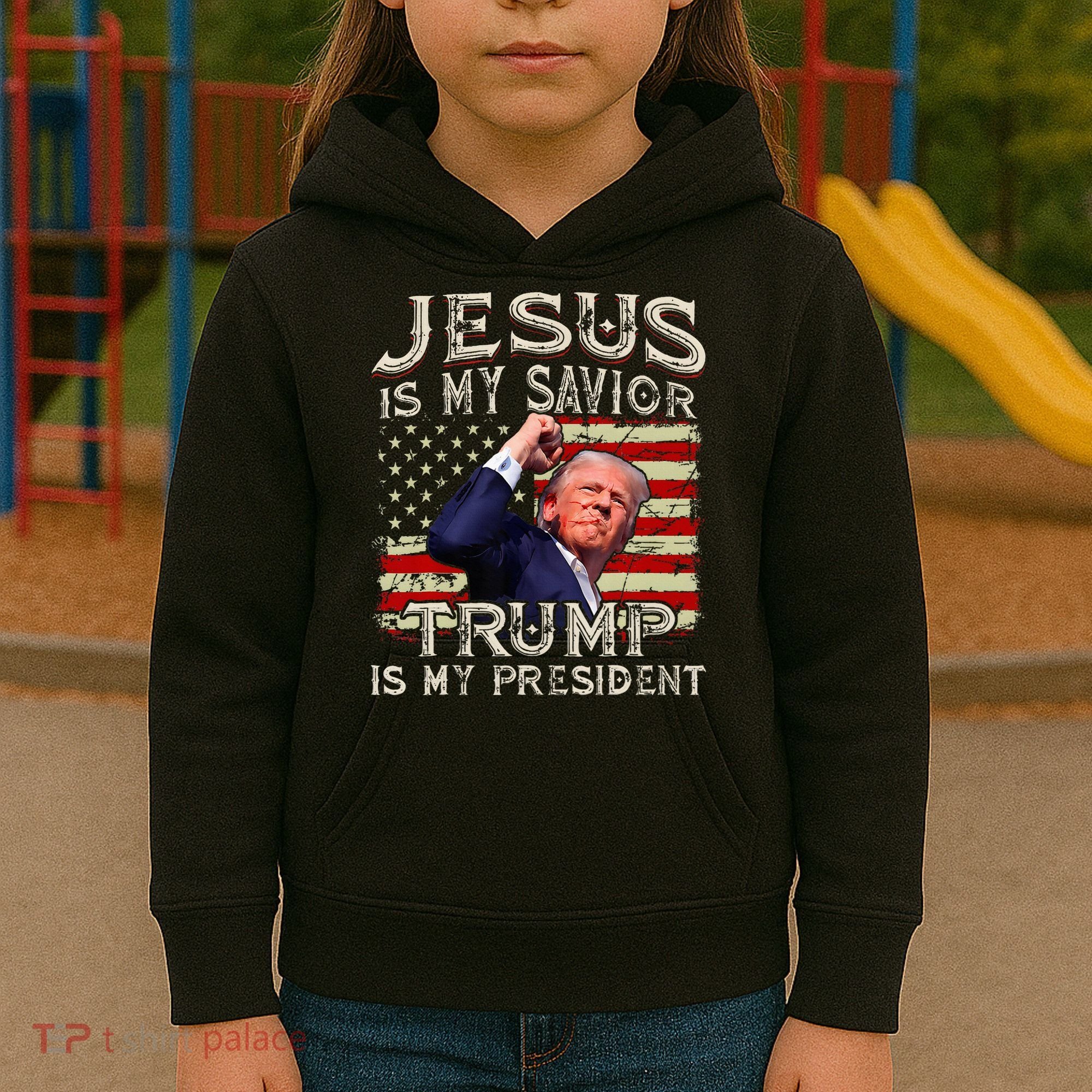 Jesus Is My Savior Trump Is My President American Flag Kids Hoodie