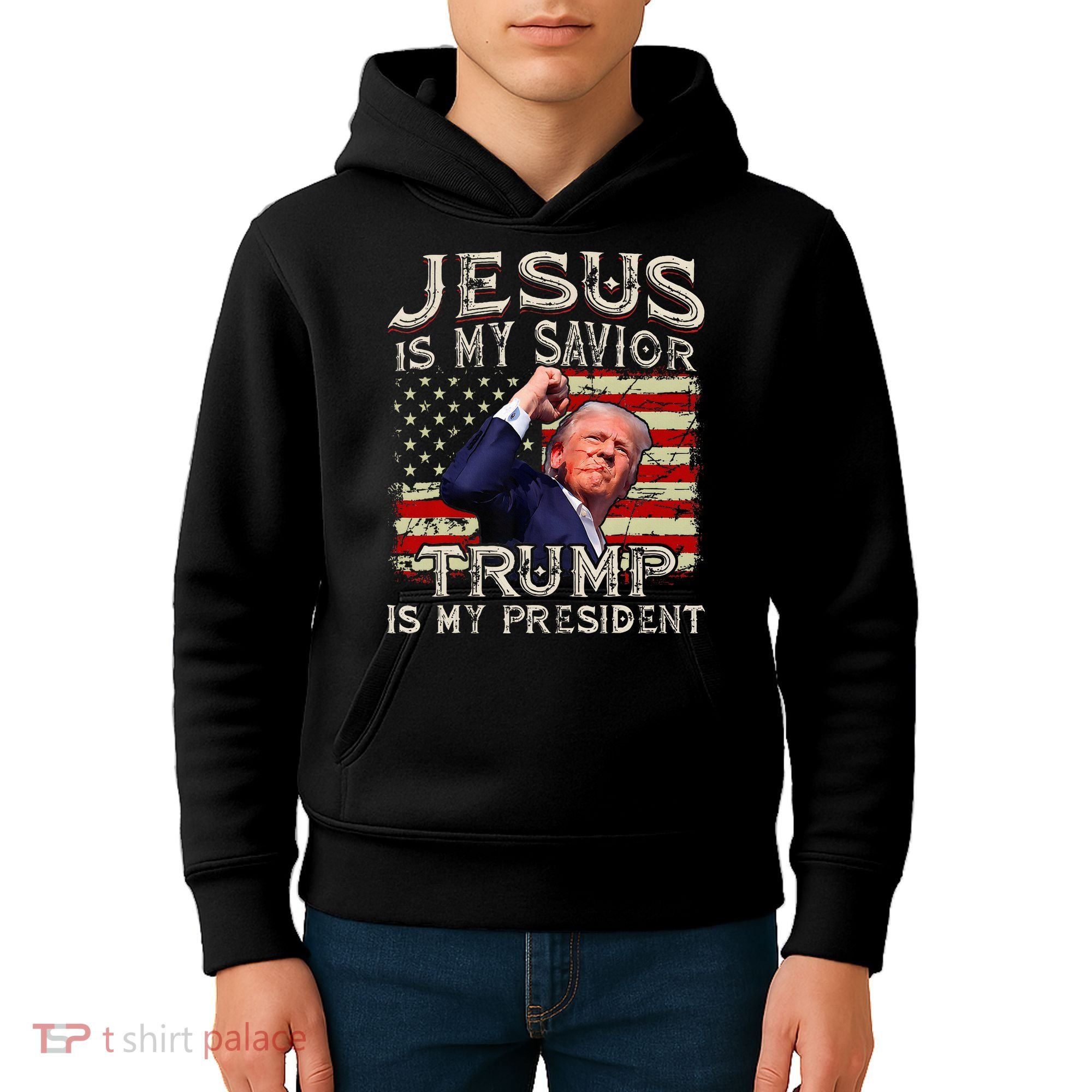 Jesus Is My Savior Trump Is My President American Flag Kids Hoodie