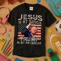 Jesus Is My Savior Trump Is My President American Flag Kids T-Shirt thumb 3