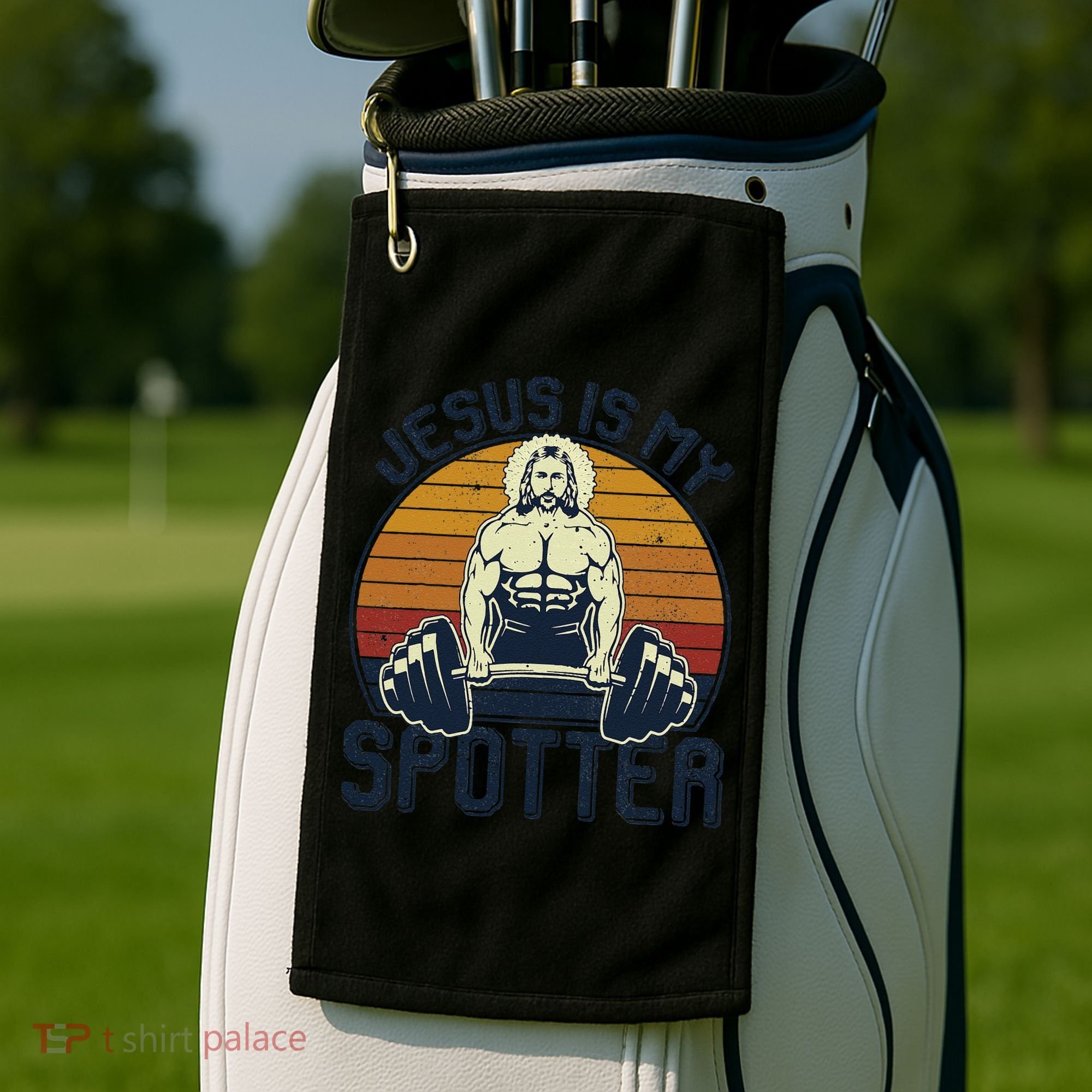 Jesus Is My Spotter Funny Christian Weightlifting Gym Gift Golf Towel