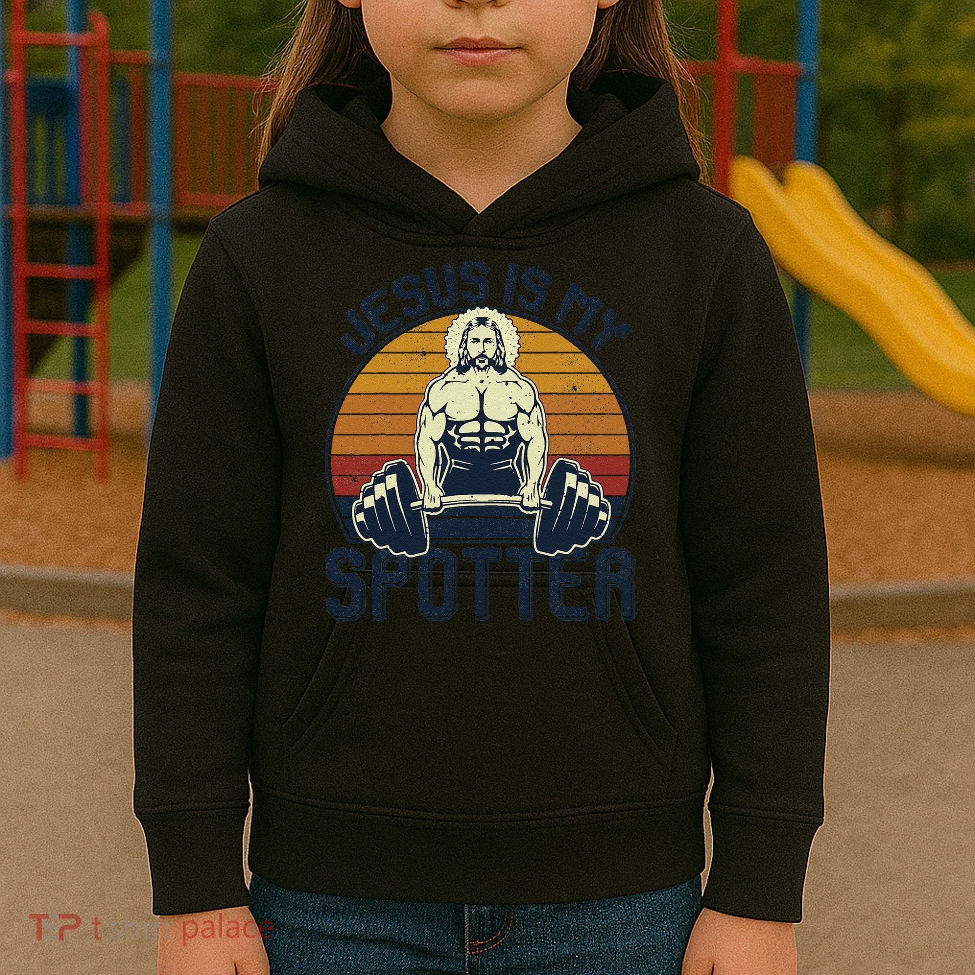 Jesus Is My Spotter Funny Christian Weightlifting Gym Gift Kids Hoodie
