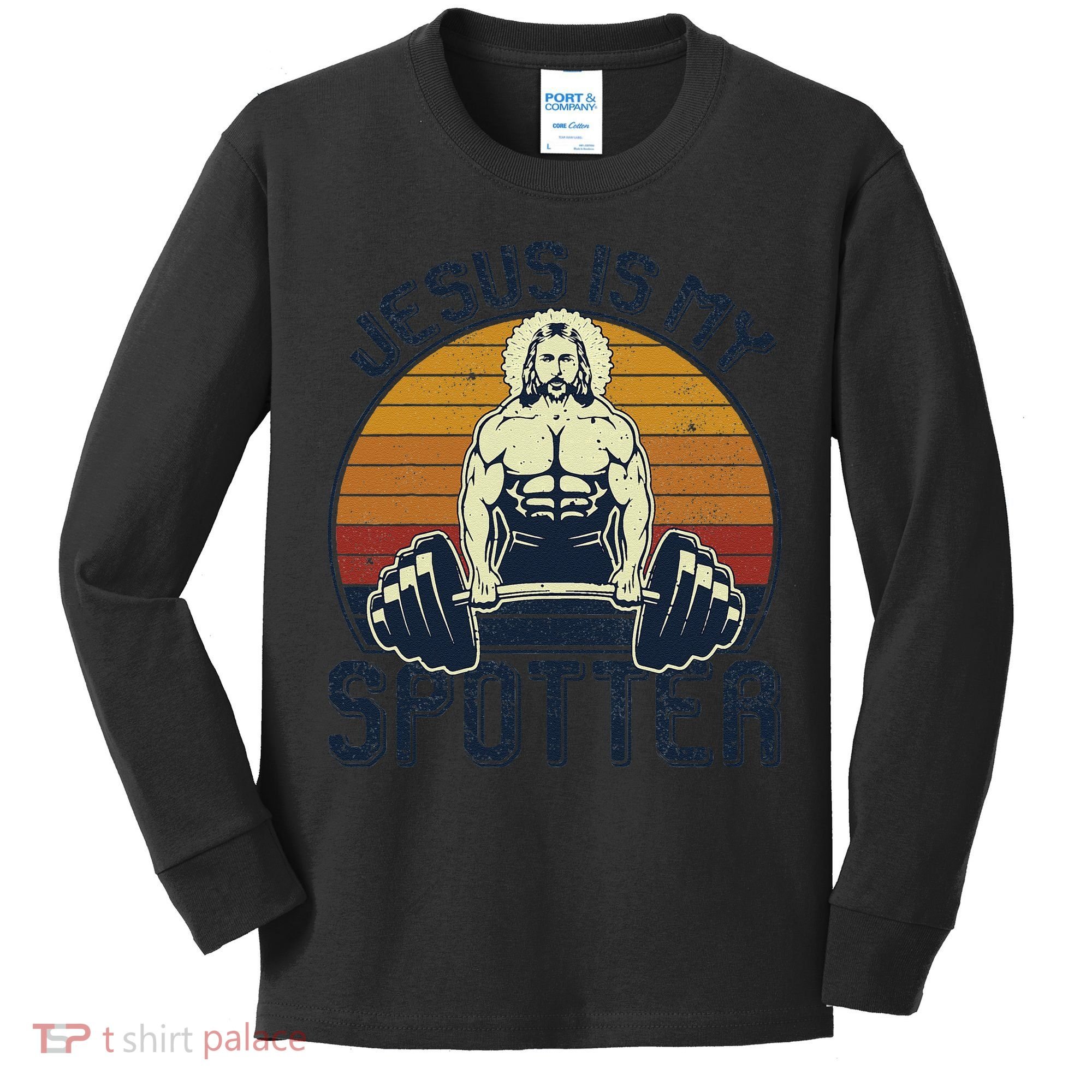 Jesus Is My Spotter Funny Christian Weightlifting Gym Gift Kids Long Sleeve Shirt