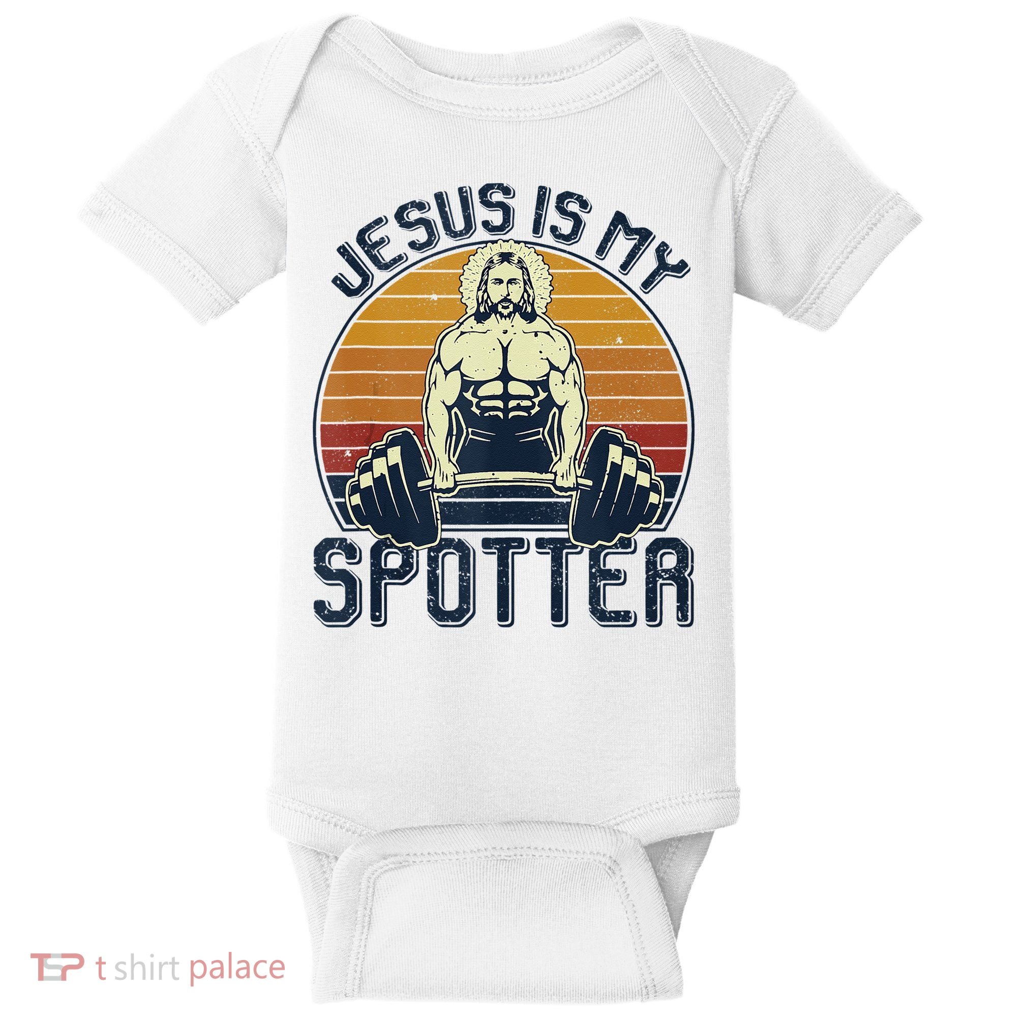 Jesus Is My Spotter Funny Christian Weightlifting Gym Baby Bodysuit