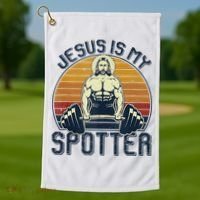 Jesus Is My Spotter Funny Christian Weightlifting Gym Golf Towel thumb 1