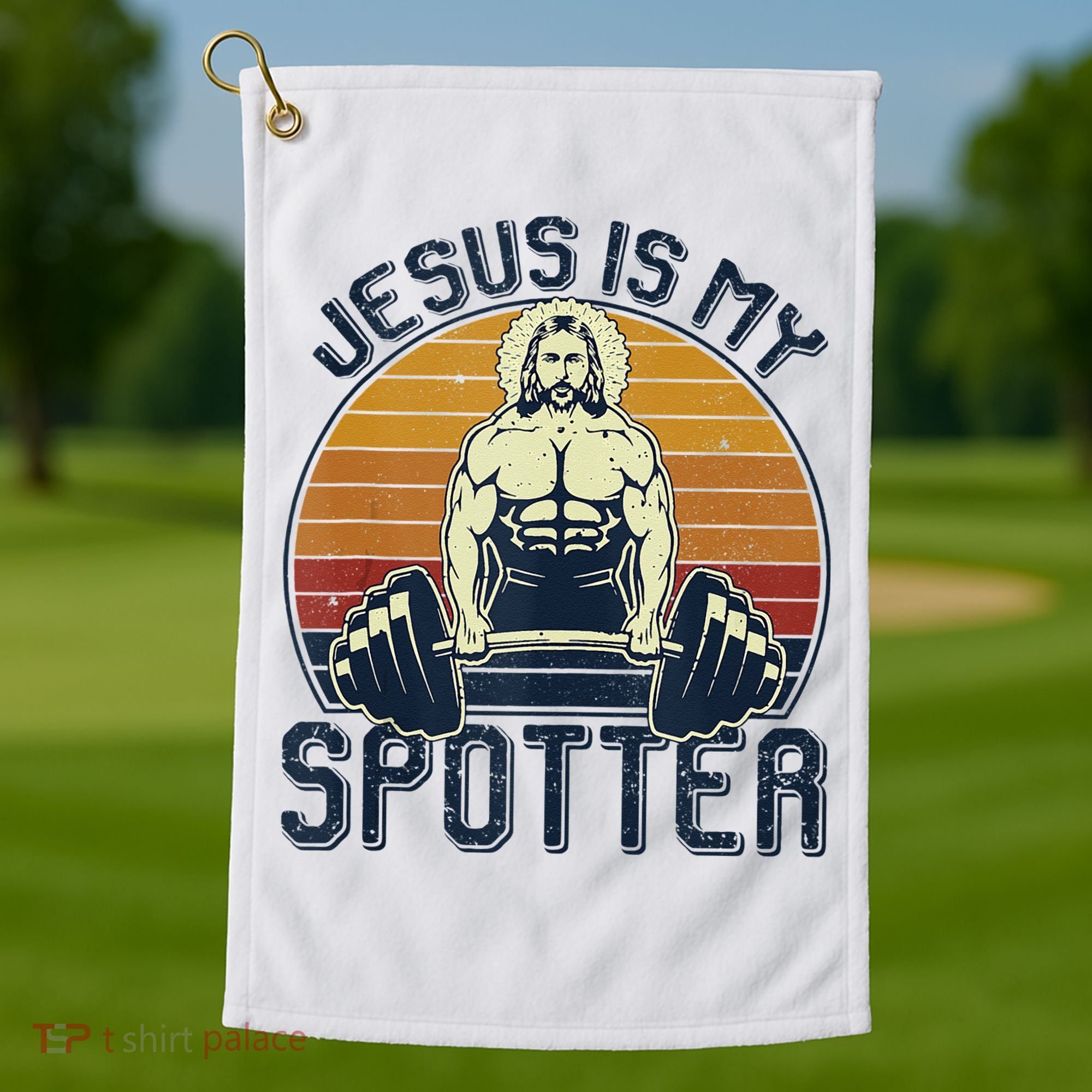 Jesus Is My Spotter Funny Christian Weightlifting Gym Golf Towel