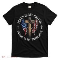 Jesus Is My Savior Trump Is My President 2024 Usa Flag Cross T-Shirt thumb 0