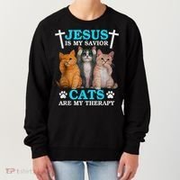 Jesus Is My Savior Cats Are My Therapy Christian Funny Cat Women's Sweatshirt thumb 0