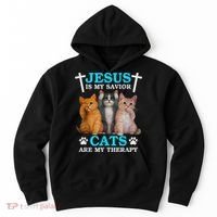 Jesus Is My Savior Cats Are My Therapy Christian Funny Cat Hoodie thumb 0