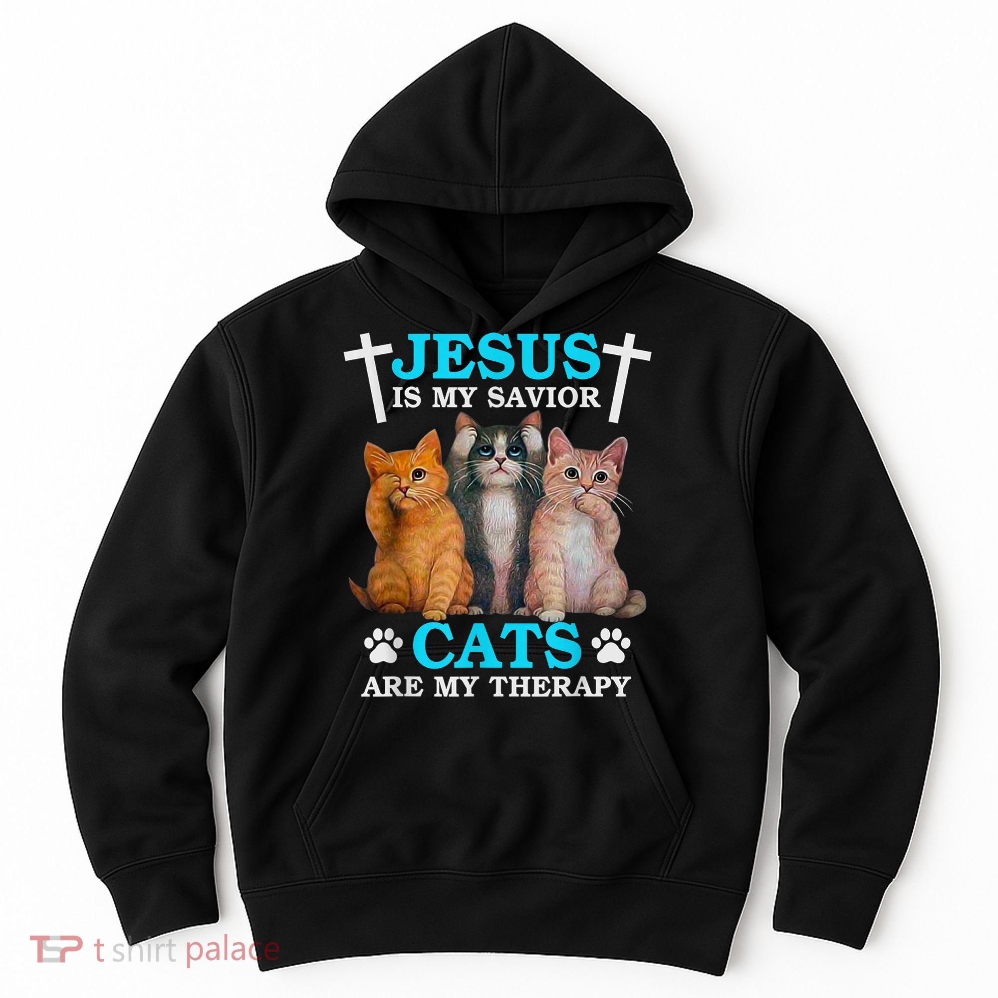 Jesus Is My Savior Cats Are My Therapy Christian Funny Cat Hoodie
