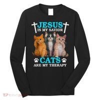 Jesus Is My Savior Cats Are My Therapy Christian Funny Cat Long Sleeve Shirt thumb 0