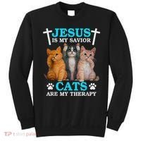 Jesus Is My Savior Cats Are My Therapy Christian Funny Cat Sweatshirt thumb 0