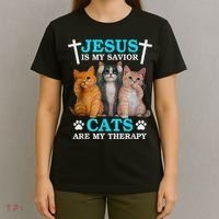 Jesus Is My Savior Cats Are My Therapy Christian Funny Cat T-Shirt thumb 4
