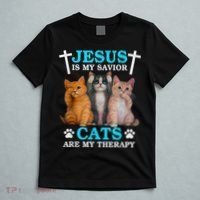 Jesus Is My Savior Cats Are My Therapy Christian Funny Cat T-Shirt thumb 5