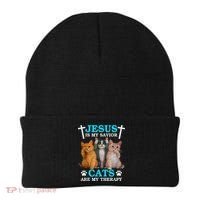 Jesus Is My Savior Cats Are My Therapy Christian Funny Cat Beanie thumb 0