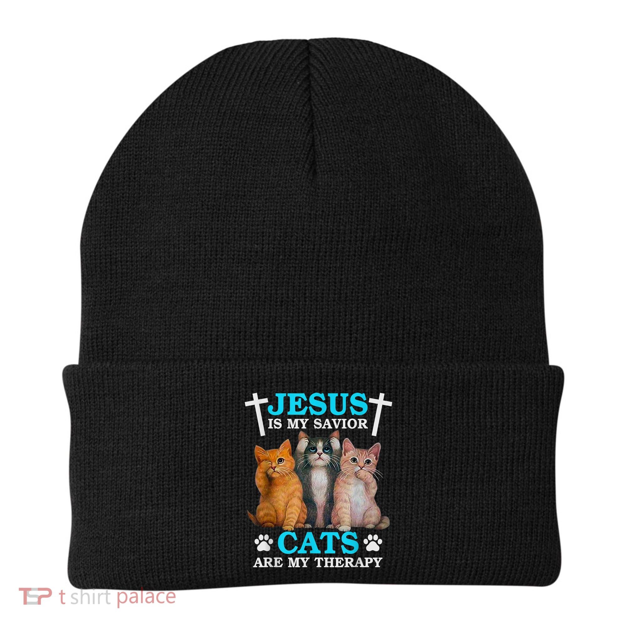 Jesus Is My Savior Cats Are My Therapy Christian Funny Cat Beanie