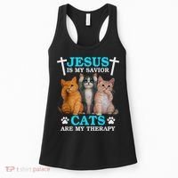Jesus Is My Savior Cats Are My Therapy Christian Funny Cat Women's Tank Top thumb 0