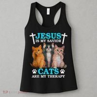 Jesus Is My Savior Cats Are My Therapy Christian Funny Cat Women's Tank Top thumb 3