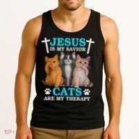 Jesus Is My Savior Cats Are My Therapy Christian Funny Cat Tank Top thumb 3