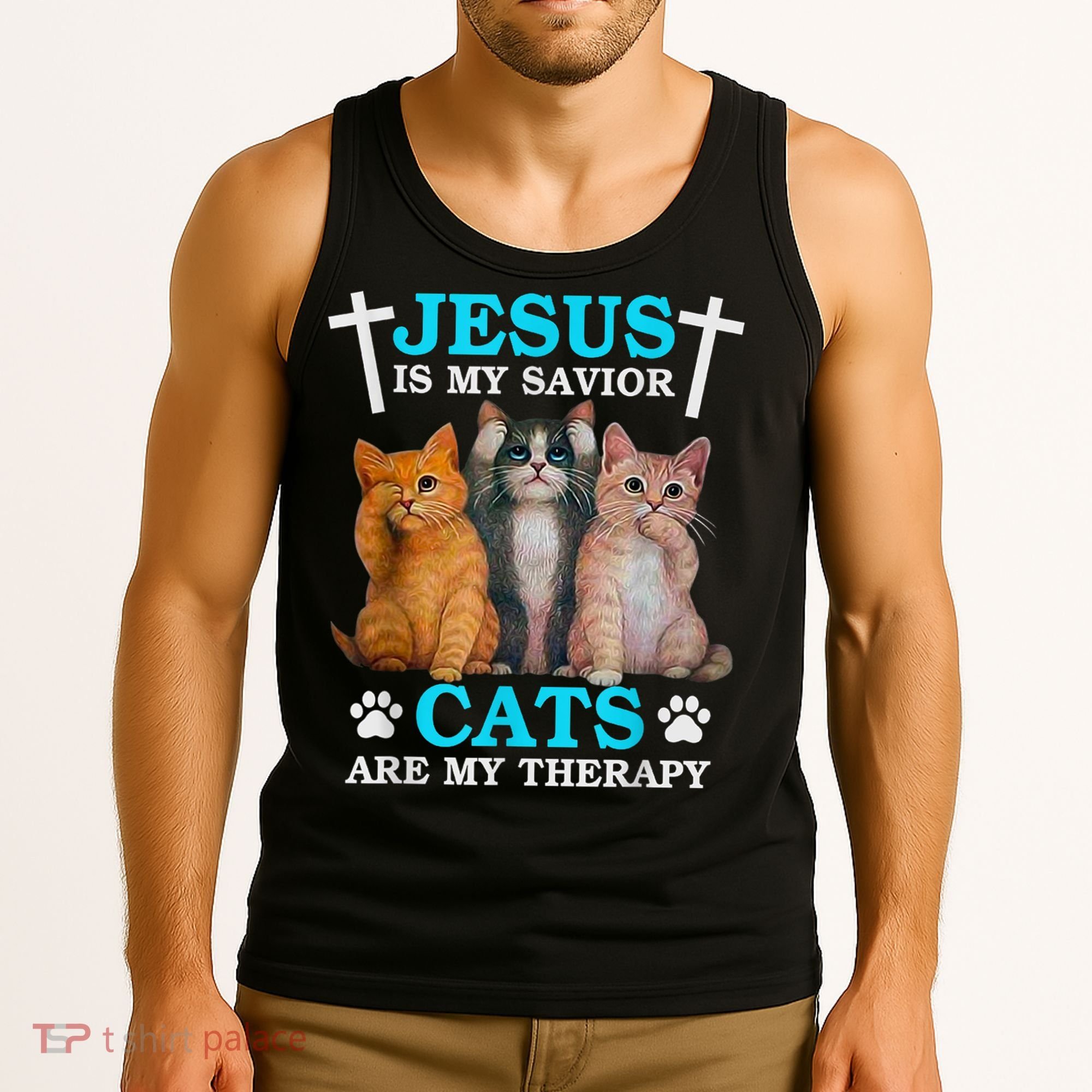 Jesus Is My Savior Cats Are My Therapy Christian Funny Cat Tank Top