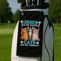 Jesus Is My Savior Cats Are My Therapy Christian Funny Cat Golf Towel thumb 2