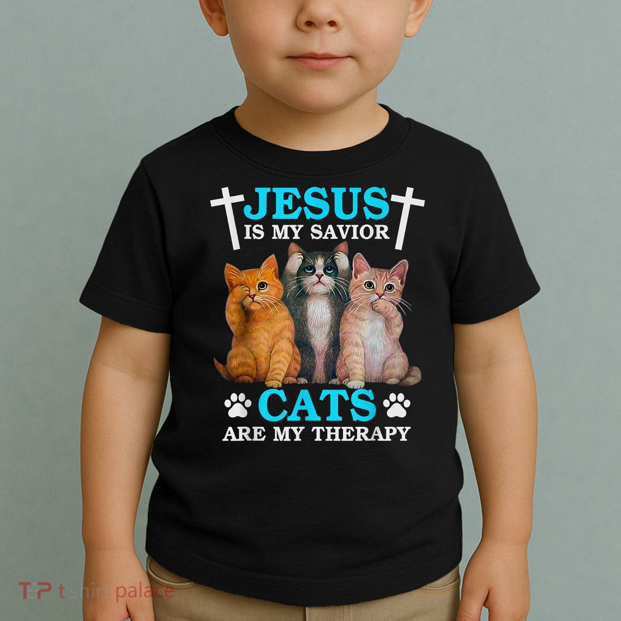 Jesus Is My Savior Cats Are My Therapy Christian Funny Cat Toddler T-Shirt