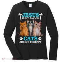 Jesus Is My Savior Cats Are My Therapy Christian Funny Cat Women's Long Sleeve Shirt thumb 0