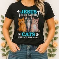 Jesus Is My Savior Cats Are My Therapy Christian Funny Cat Women's T-Shirt thumb 2