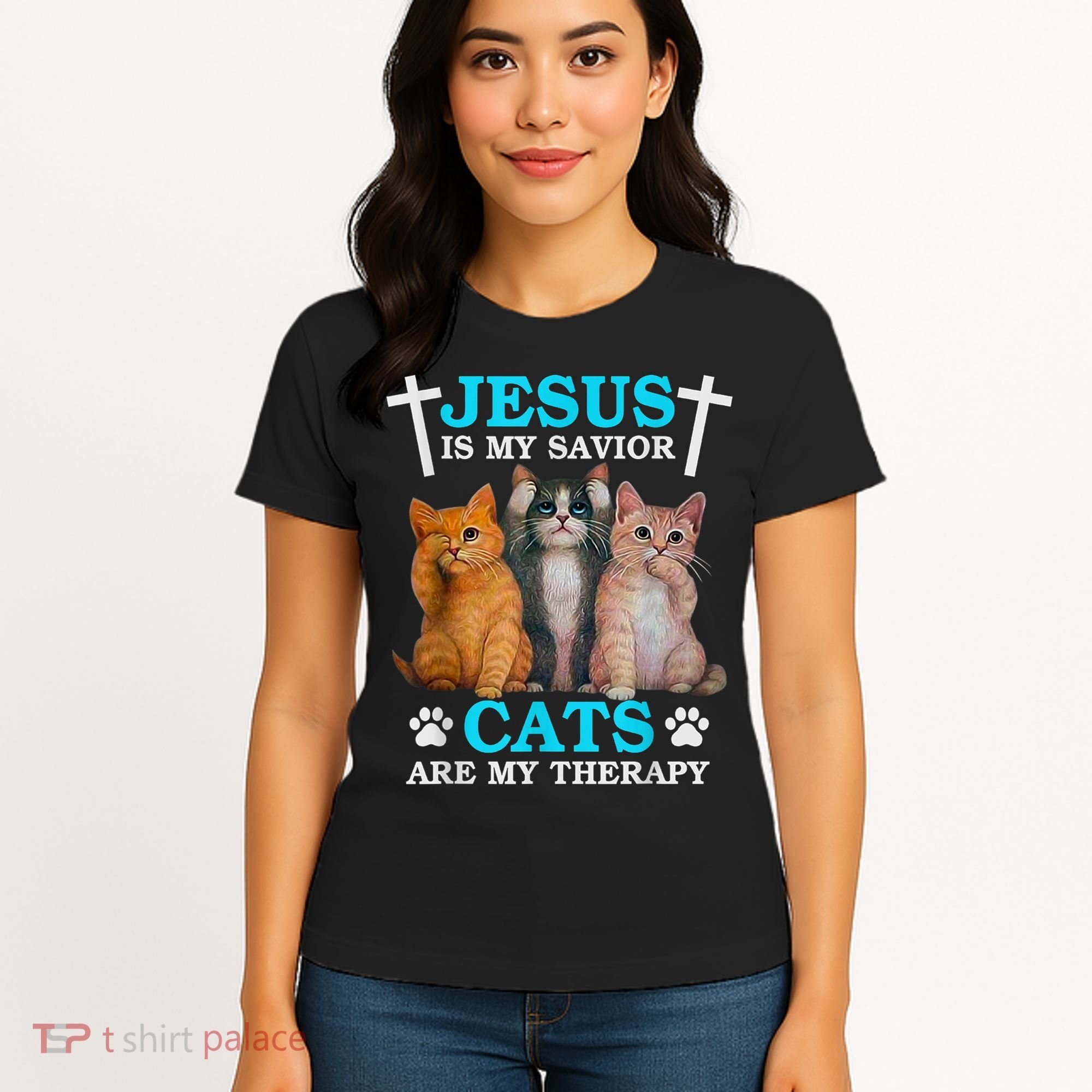 Jesus Is My Savior Cats Are My Therapy Christian Funny Cat Women's T-Shirt