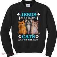 Jesus Is My Savior Cats Are My Therapy Christian Funny Cat Kids Sweatshirt thumb 0
