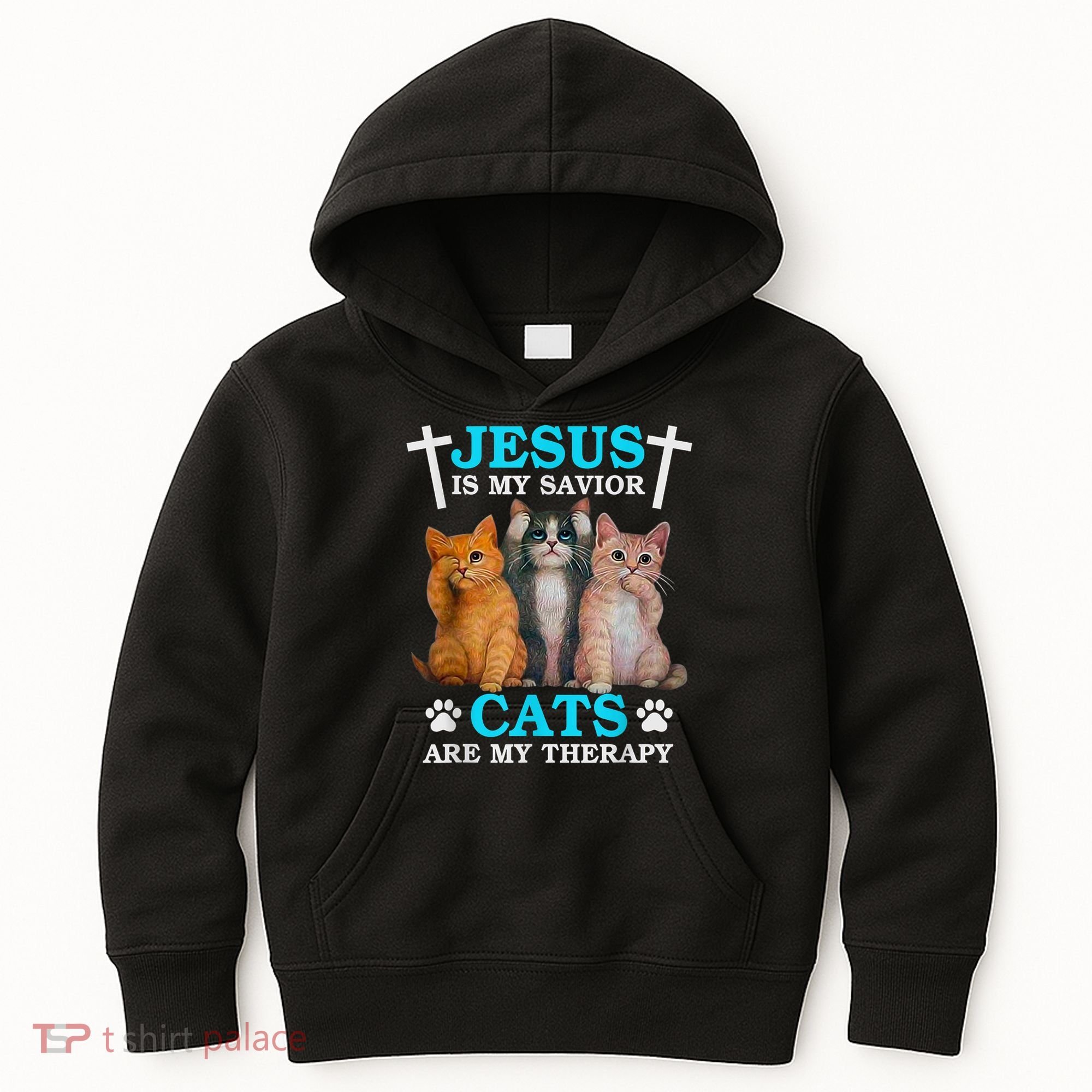 Jesus Is My Savior Cats Are My Therapy Christian Funny Cat Kids Hoodie