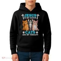 Jesus Is My Savior Cats Are My Therapy Christian Funny Cat Kids Hoodie thumb 4