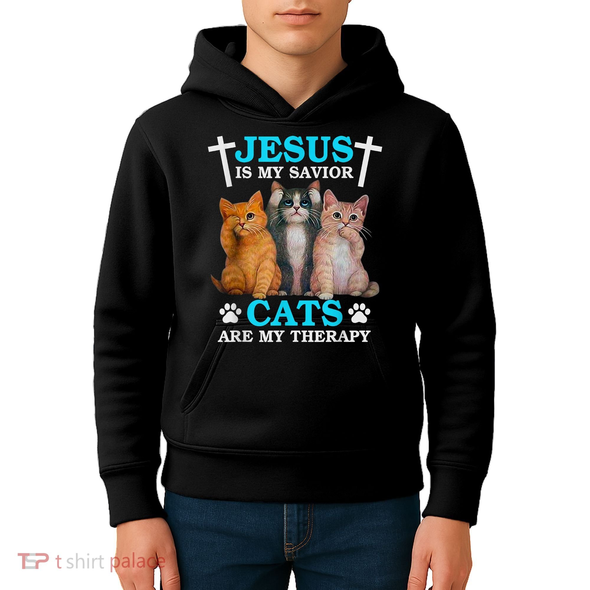 Jesus Is My Savior Cats Are My Therapy Christian Funny Cat Kids Hoodie