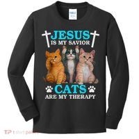 Jesus Is My Savior Cats Are My Therapy Christian Funny Cat Kids Long Sleeve Shirt thumb 0