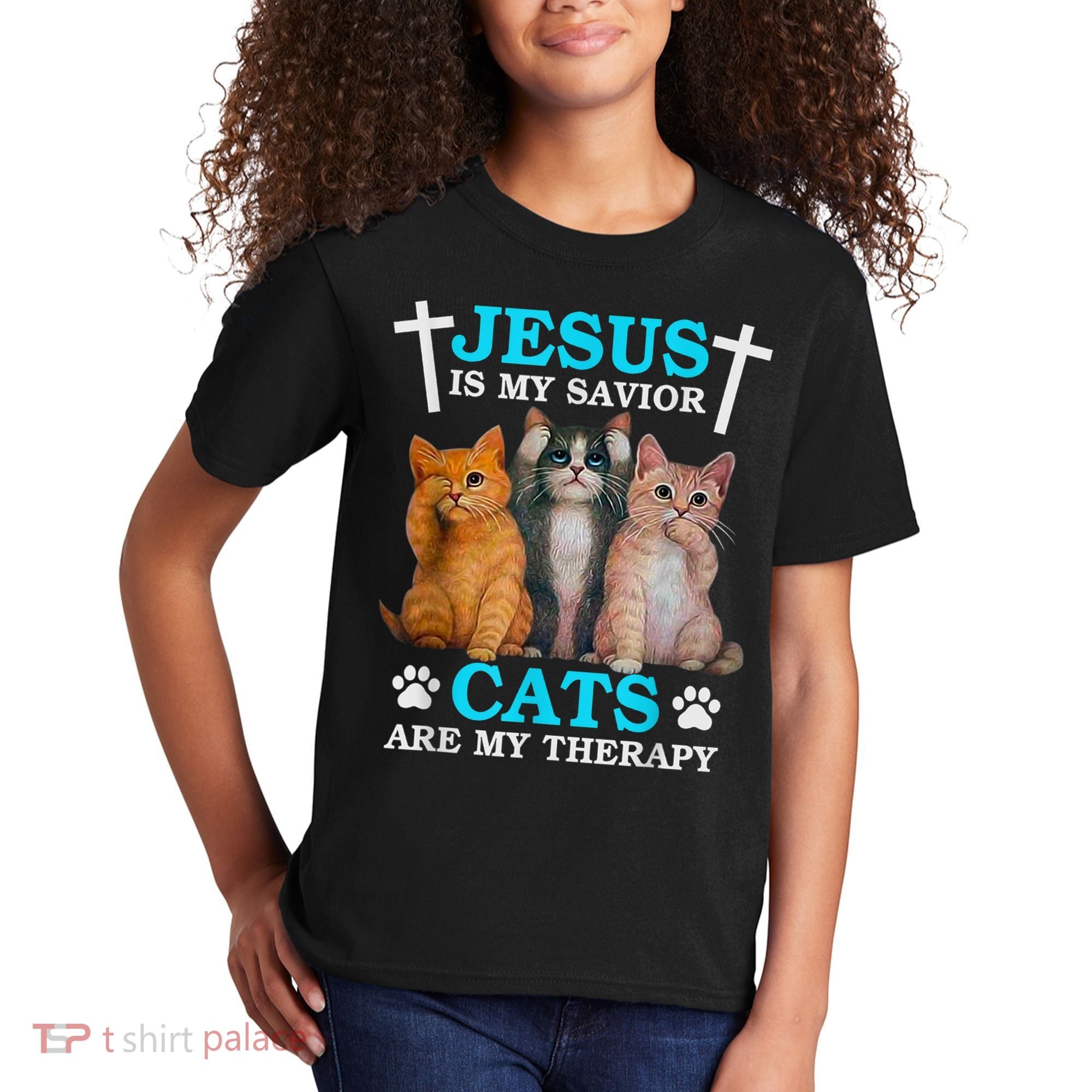 Jesus Is My Savior Cats Are My Therapy Christian Funny Cat Kids T-Shirt