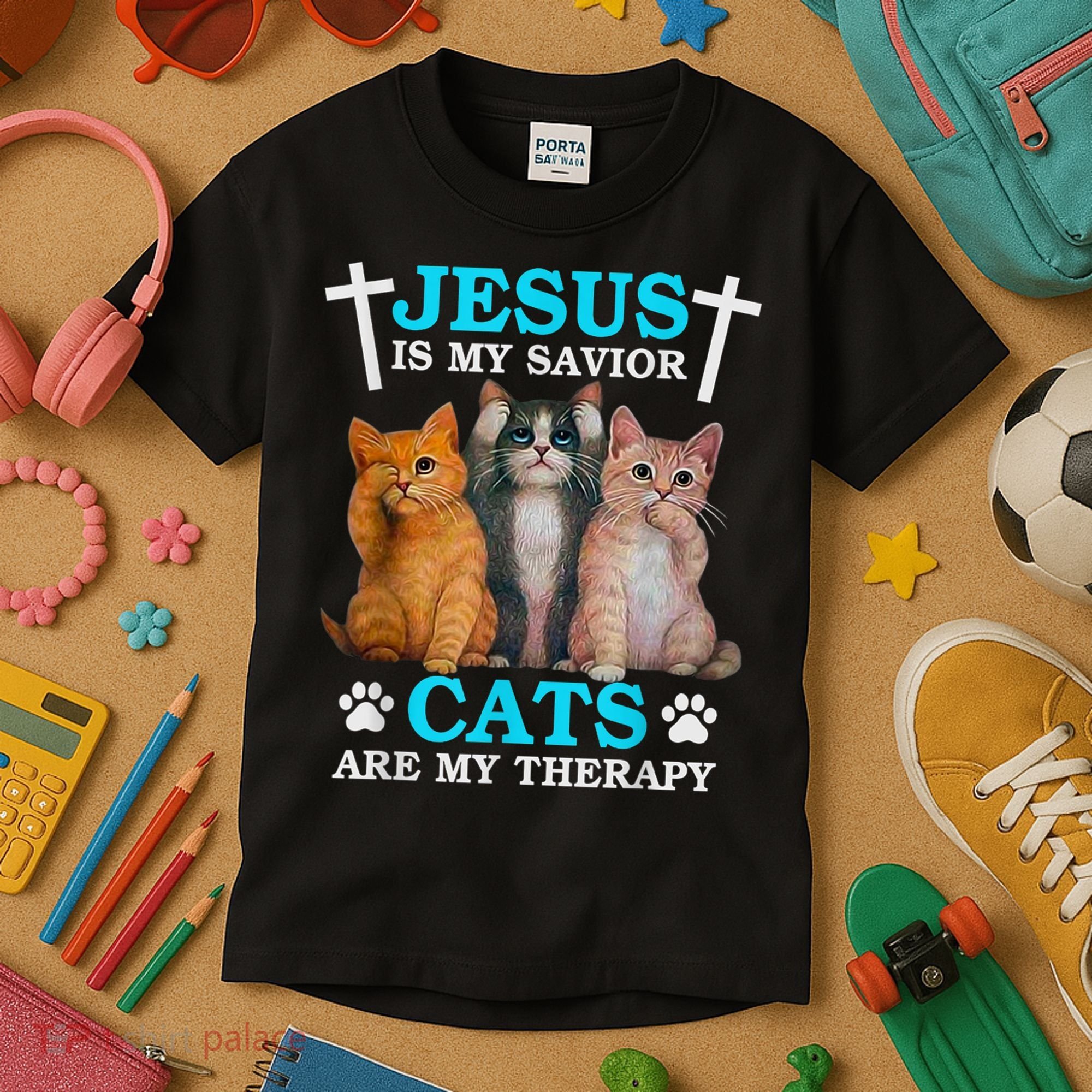 Jesus Is My Savior Cats Are My Therapy Christian Funny Cat Kids T-Shirt