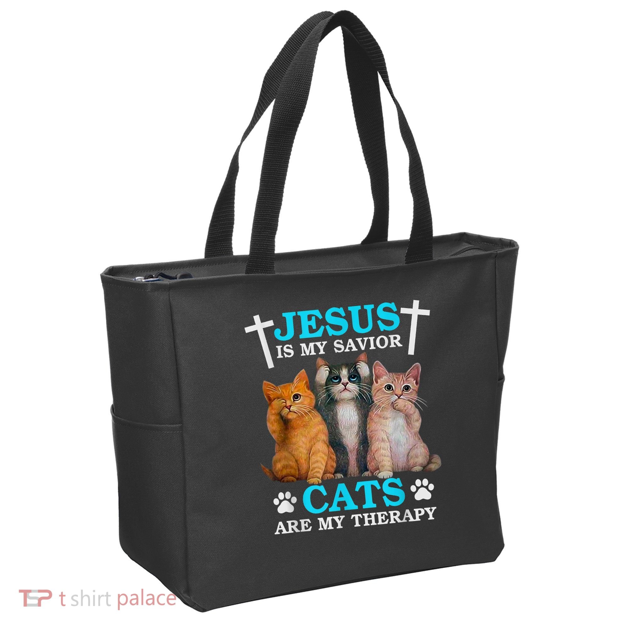 Jesus Is My Savior Cats Are My Therapy Christian Funny Cat Tote Bag