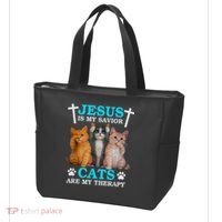 Jesus Is My Savior Cats Are My Therapy Christian Funny Cat Tote Bag thumb 3