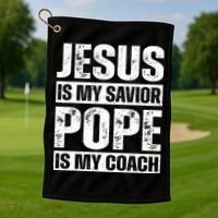 Jesus Is My Savior Pope Is My Coach Christian Golf Towel thumb 1
