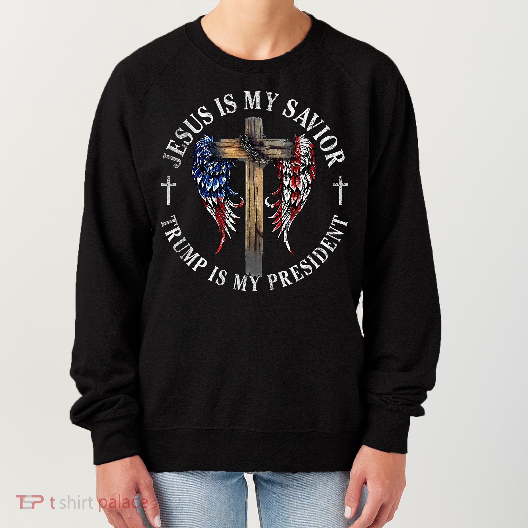 Jesus Is My Savior Trump Is My President 2024 Usa Flag Cross Women's Sweatshirt