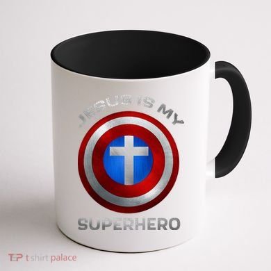 Jesus Is My Superhero Faith Shield Coffee Mug back