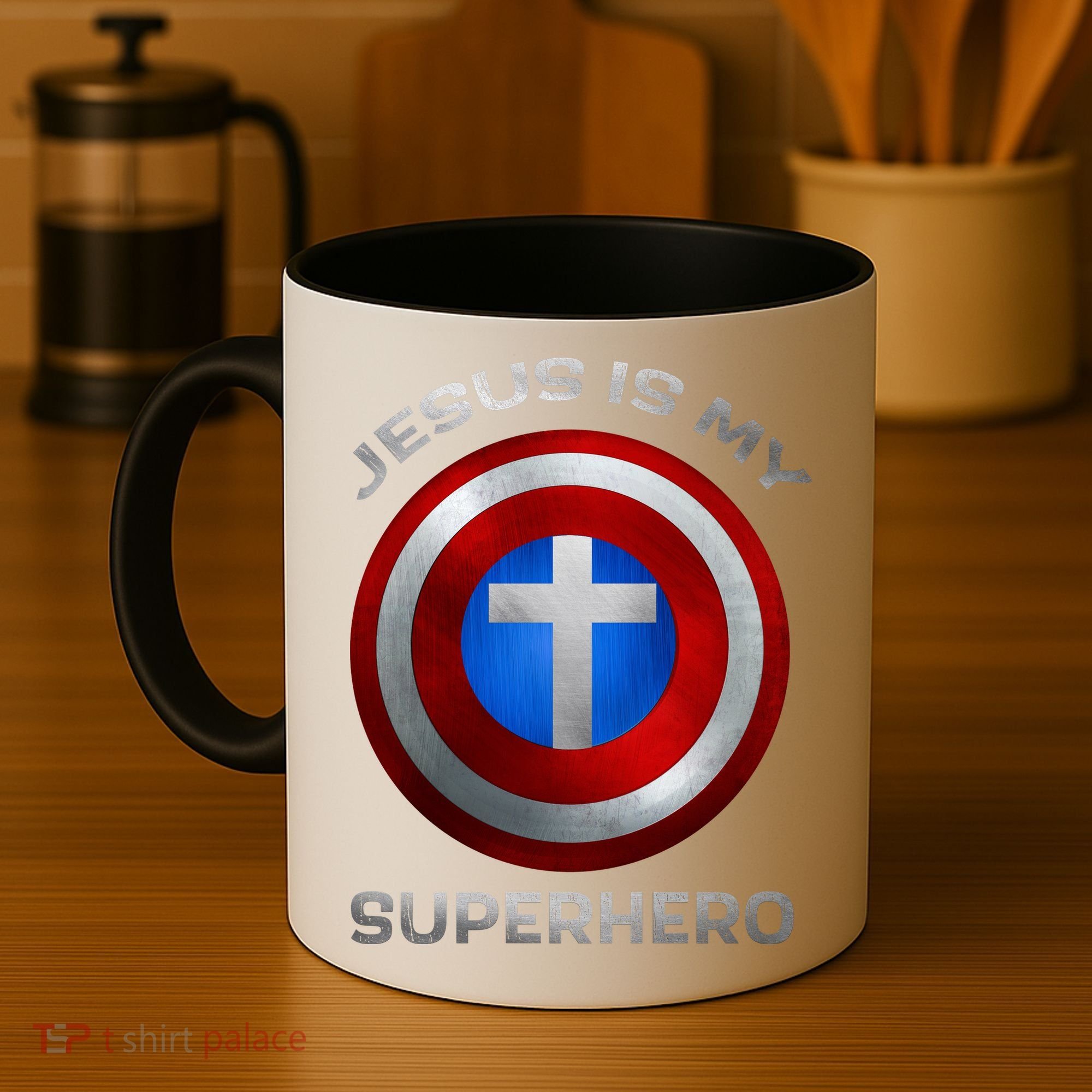 Jesus Is My Superhero Faith Shield Coffee Mug