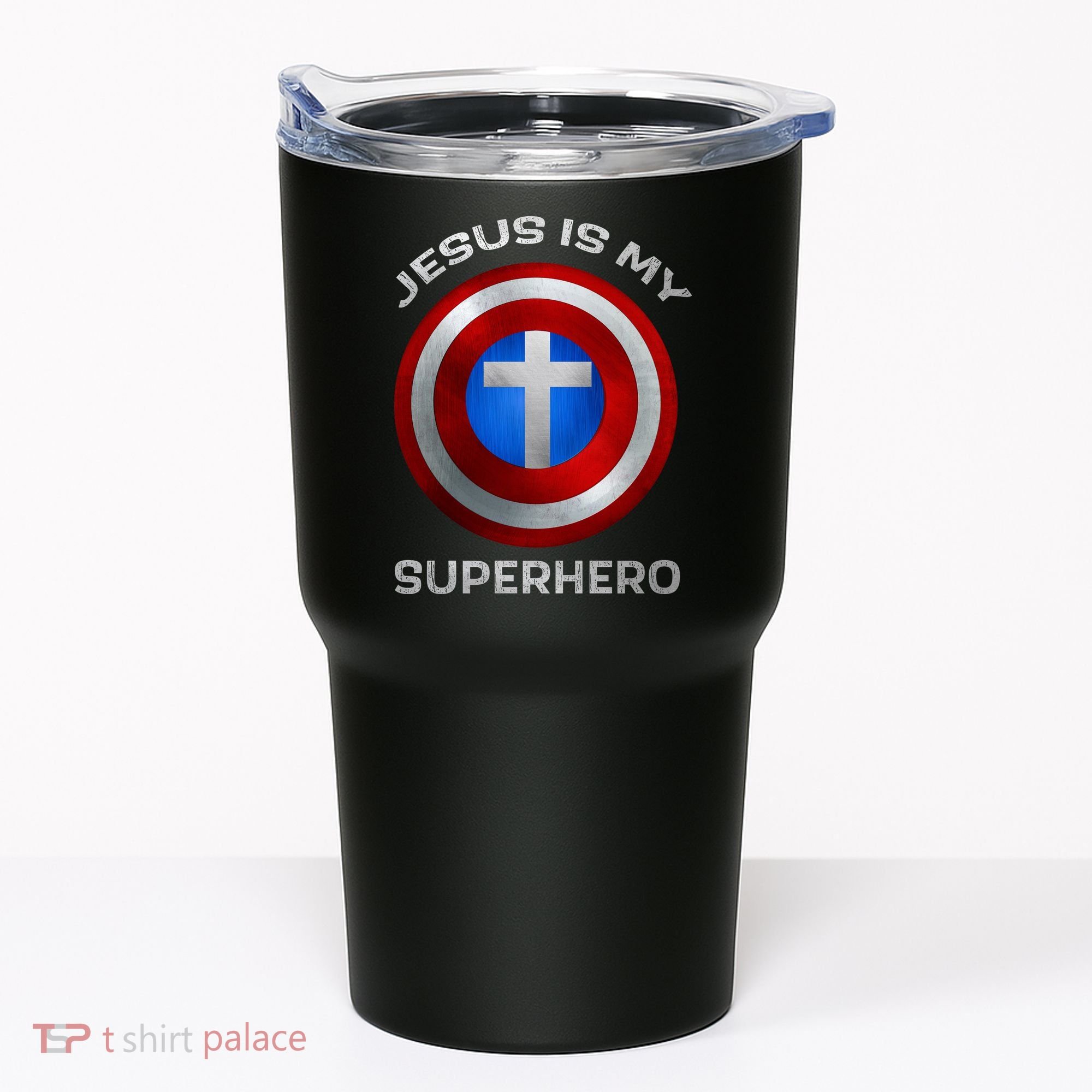 Jesus Is My Superhero Faith Shield Tumbler